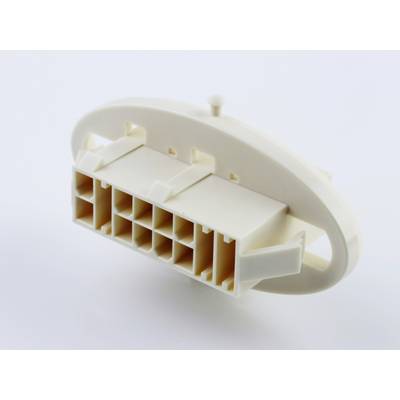 Kunststof stekker met ovale voet, meerdere aansluitpunten en twee klemmen, gebruikt voor elektrische verbinding.