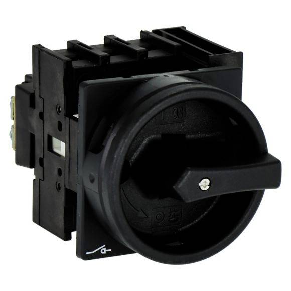 Een zwarte draaischakelaar die verschillende elektrische functies activeert afhankelijk van de schakelstand, weergegeven in een zijaanzicht.