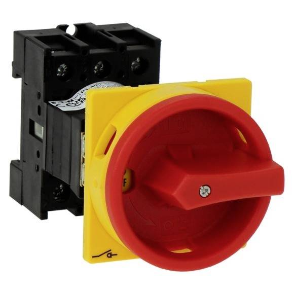 Afgebeeld is een hoofdschakelaar met een rood-gele behuizing, bedoeld voor het scheiden van elektrische stroomkringen, vaak gebruikt in industriële toepassingen.