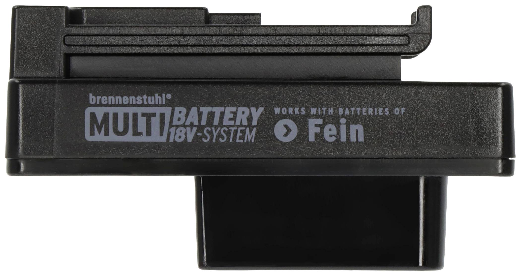 Adapter voor multi-batterijsysteem van Brennenstuhl, compatibel met 18V-batterijen van Fein. Zwart behuizing met opdruk.