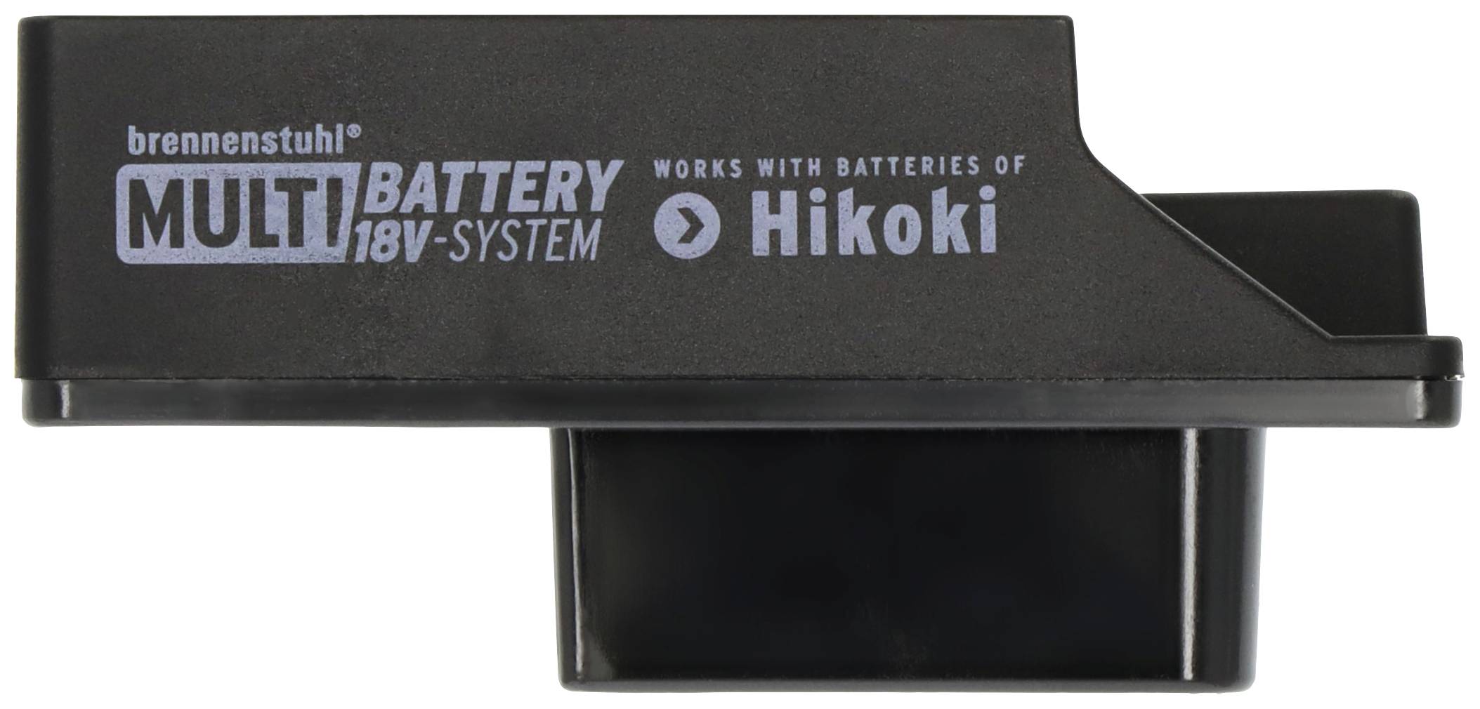 Zwart adapterdeel met opschrift 'brennenstuhl MULTI BATTERY 18V-SYSTEEM', compatibel met 'Hikoki' batterijen.