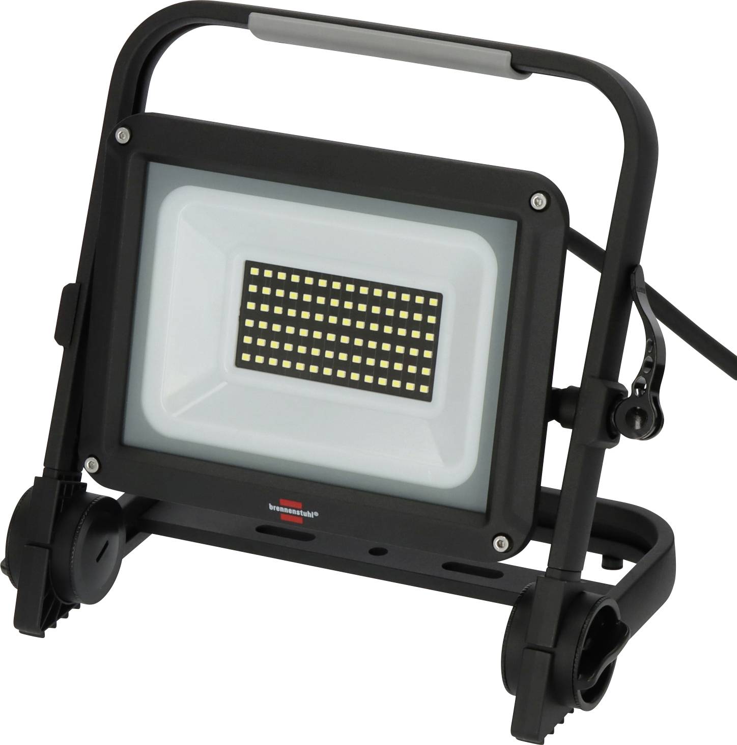 Draagbare LED werklamp op een zwarte verstelbare standaard, met een rechthoekig lichtpaneel en handvat voor transport of montage.