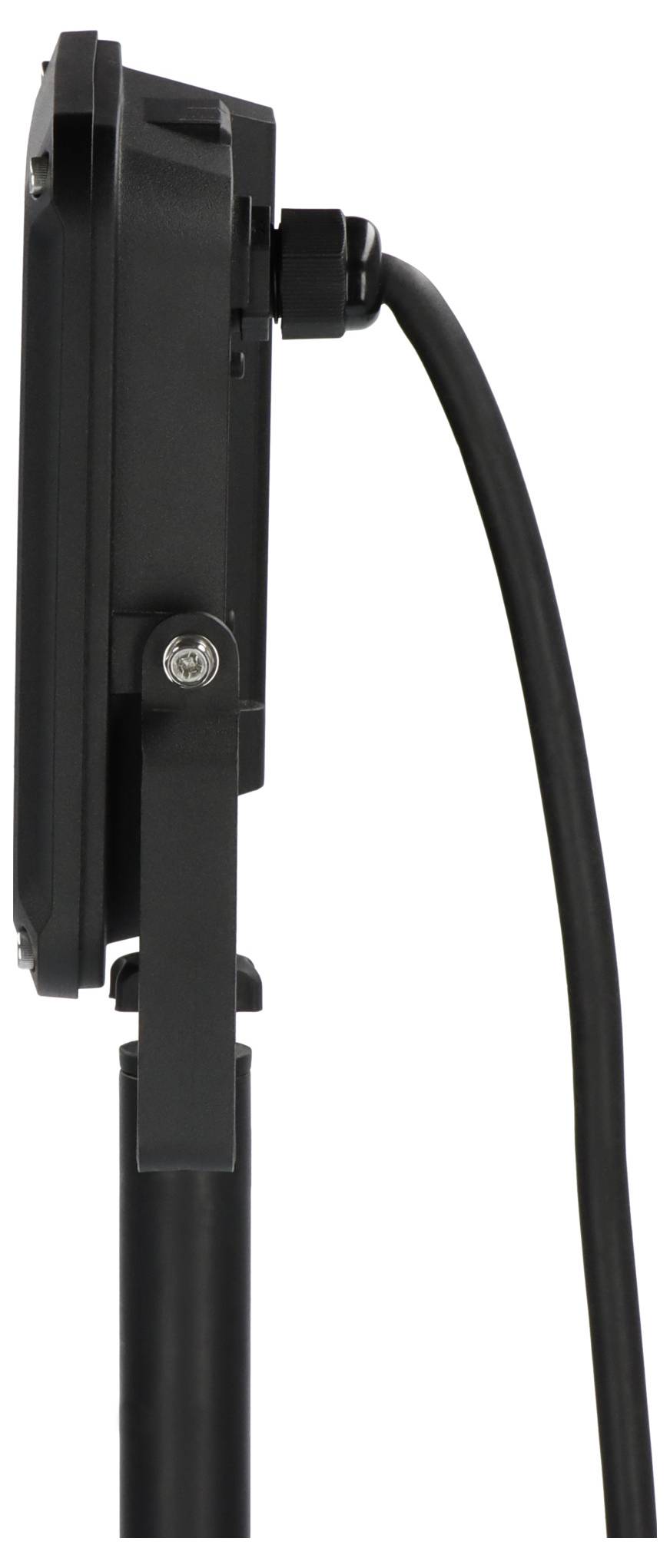 Zijkant van een zwart buiten gemonteerd apparaat of verlichtingsfixture bevestigd aan een paal, met een dik kabel dat aan de achterkant uitkomt.