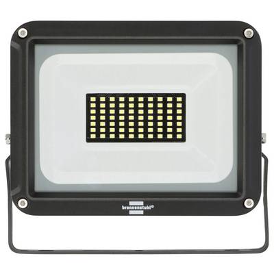 Zwarte LED-schijnwerper met rechthoekige reflector en metalen frame op een statief, weergegeven in vooraanzicht.