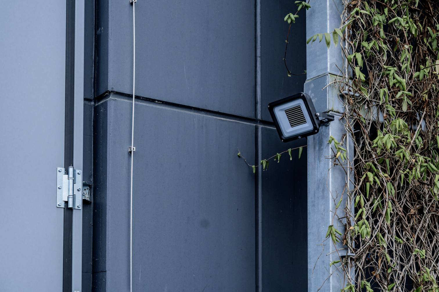 Een bewakingscamera is bevestigd aan een modern grijs gebouw. Rechts slingert een plant zich langs de muur omhoog.