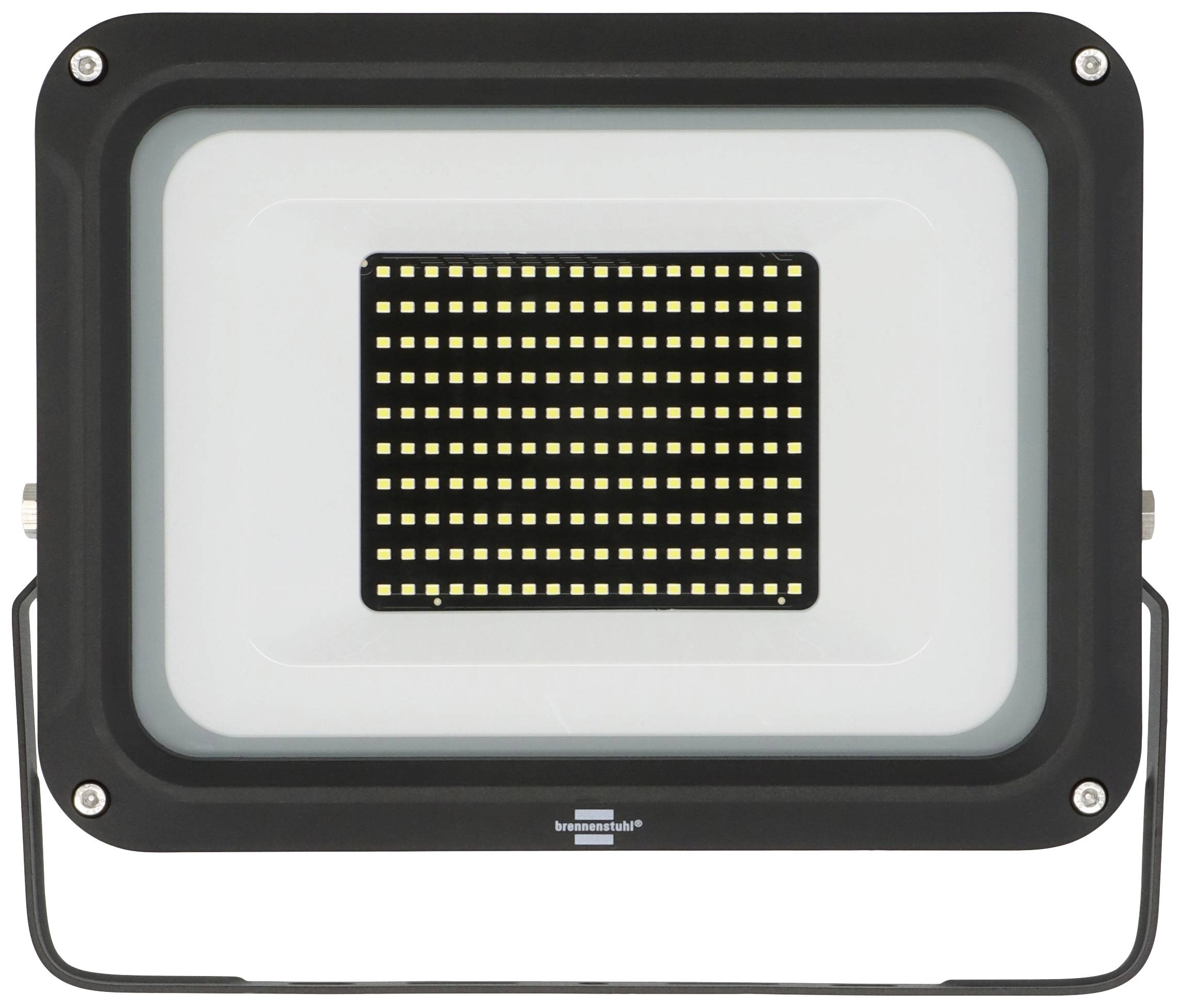Een rechthoekige LED-schijnwerper met talrijke kleine, gele lampjes in het midden. Zwart frame en standaard.