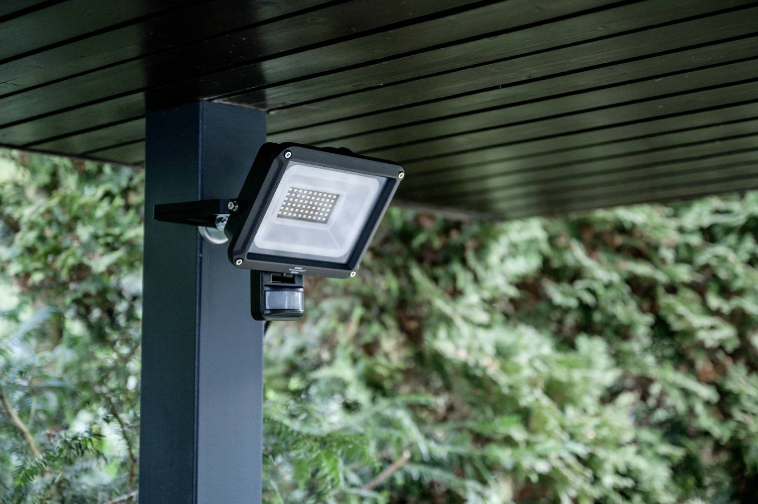 Een rechthoekige LED-schijnwerper is bevestigd aan een zwarte metalen paal, omgeven door dicht groen gebladerte op de achtergrond.