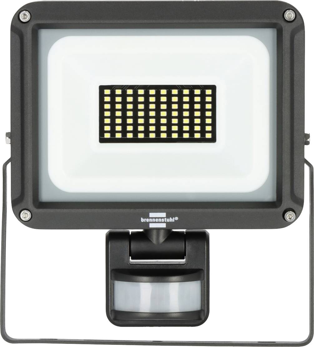 Een LED-schijnwerper met bewegingsmelder, zwarte behuizing, merk Brennenstuhl. Ideaal voor buitenverlichting en veiligheid.