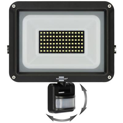 Zwarte LED-schijnwerper met bewegingssensor en geel LED-rooster op witte achtergrond. Sensor is kantelbaar gemonteerd.