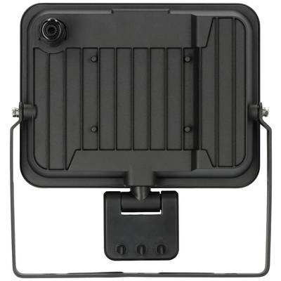 Een zwarte, rechthoekige LED-schijnwerper met een verstelbare houder, gefotografeerd van achteren. Ideaal voor buitenverlichting.