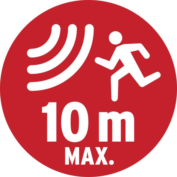 Rood bord met witte symbolen: Drie golven, lopende persoon, tekst '10 m MAX.'. Betekent maximale afstand van 10 meter.