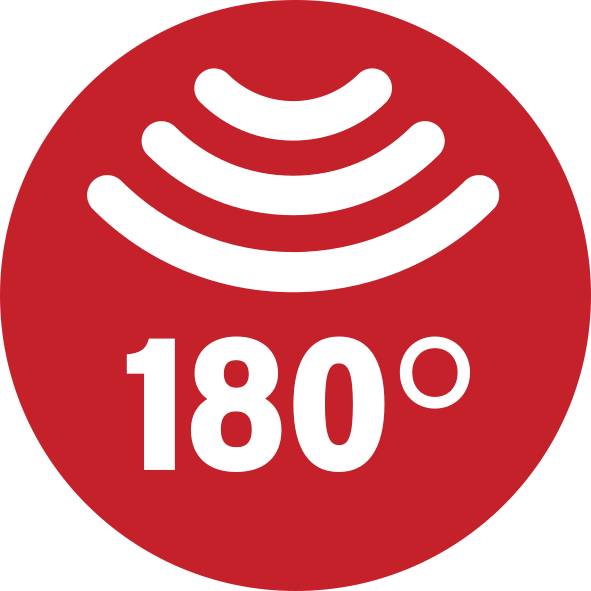 Een rode cirkel met twee witte golvende lijnen bovenaan en de witte tekst '180°' eronder, duidt op een rondomzicht.