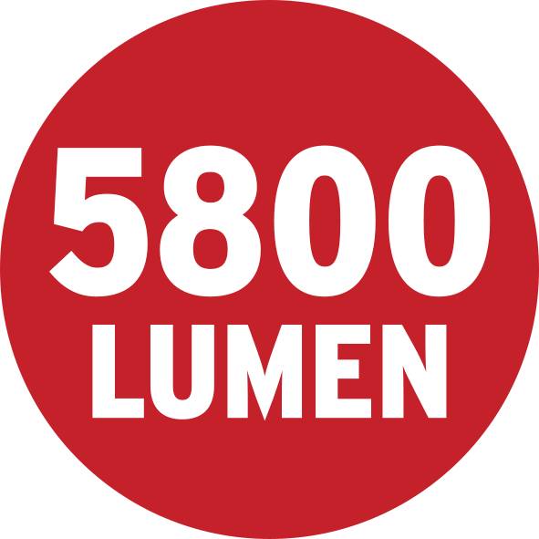 Rode cirkel met witte tekst: '5800 Lumen'.