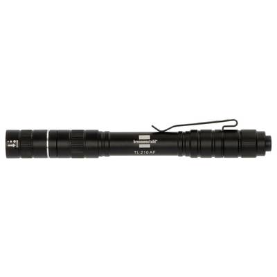 Zwarte tactische zaklamp met clip en lanyard, gelabeld 'brennenstuhl TL 210 AF'.