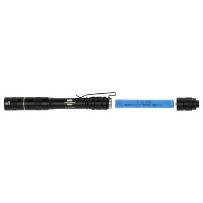 Zwarte Inova zaklamp met een blauwe cilindrische batterij ernaast en een losgekoppelde zwarte uiteindekap, weergegeven op een witte achtergrond.