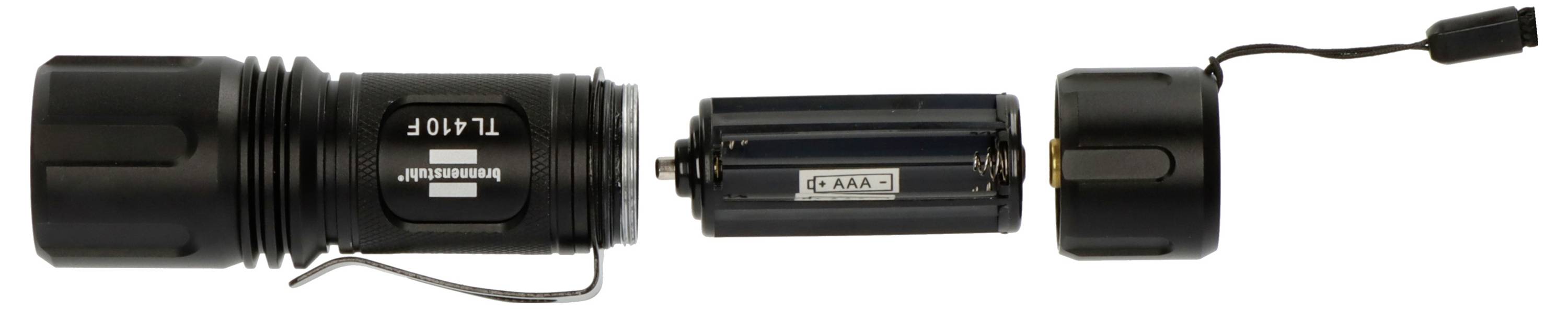 Ontlede weergave van een zwakale zaklamp die zijn afzonderlijke onderdelen van lichaam, batterij en staartdop horizontaal uitgelijnde toont.