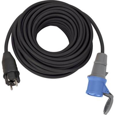 Opgerold zwart stroomkabel met Europese stekker aan het ene uiteinde en blauwe industriële connector aan het andere uiteinde.