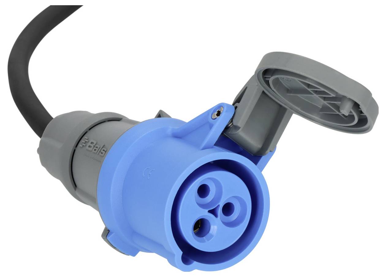 Blauwe en grijze industriële elektrische connector met een zwarte kabel en scharnierende beschermkap, weergegeven op een witte achtergrond.
