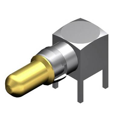 Een gouden, cilindrische metalen stekker is bevestigd aan een grijs, rechthoekig behuizing. De stekker steekt uit.