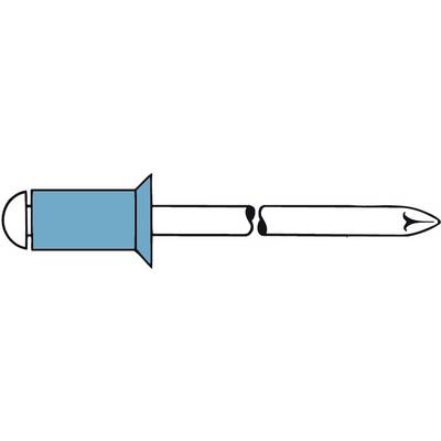 Een diagram van een blinde klinknagel, bestaande uit een bus en een steel. De klinknagel wordt gebruikt voor het verbinden van materialen door vervorming.