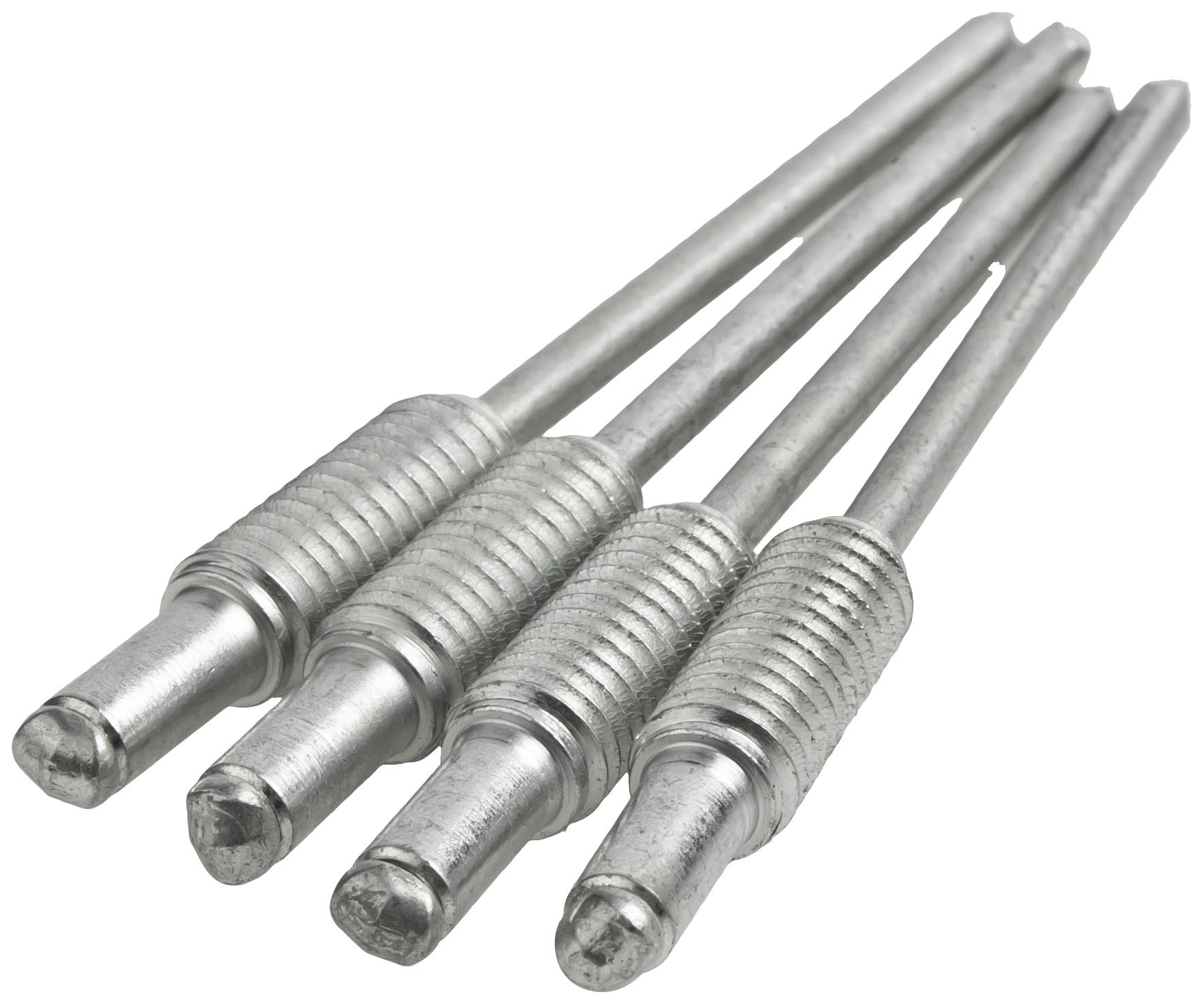 Vier metalen draadtappen met spiraalvormige groeven, parallel naast elkaar gerangschikt op een witte achtergrond.