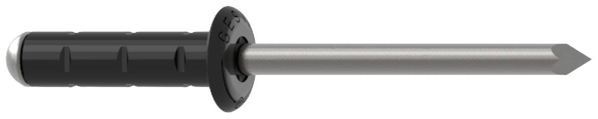 Een zwarte kunststof plug met een lange, metalen spreidnagel met een conische punt, ideaal voor stevige bevestigingen.