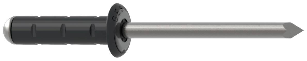 Een metalen plug met een zwarte kunststof handgreep en een zilveren schacht, gebruikt voor bevestiging in beton of metselwerk.