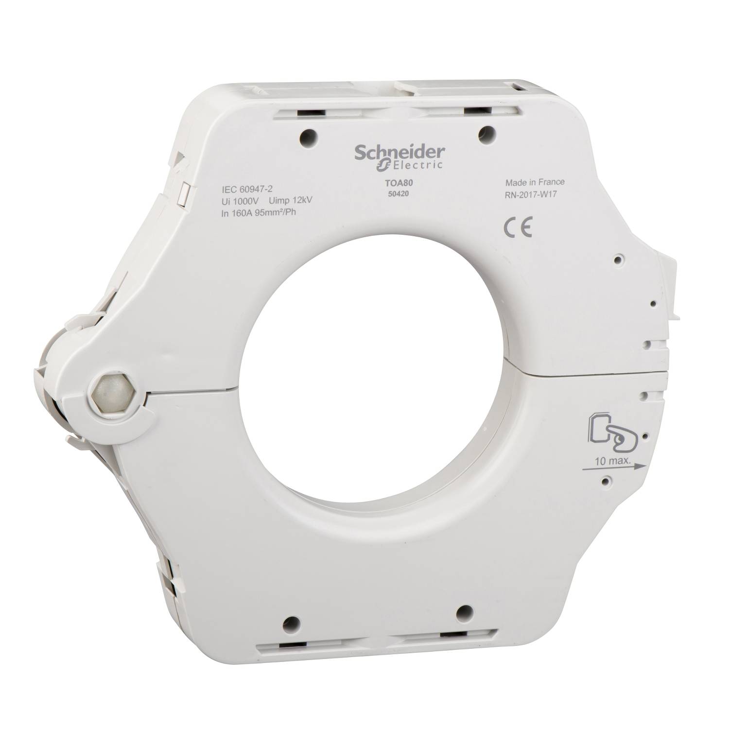 Een witte stroomtransformator van het merk Schneider Electric, model TQ640. Geschikt voor 1000V, 120V lampcircuits, 50-60Hz, 5-630A.