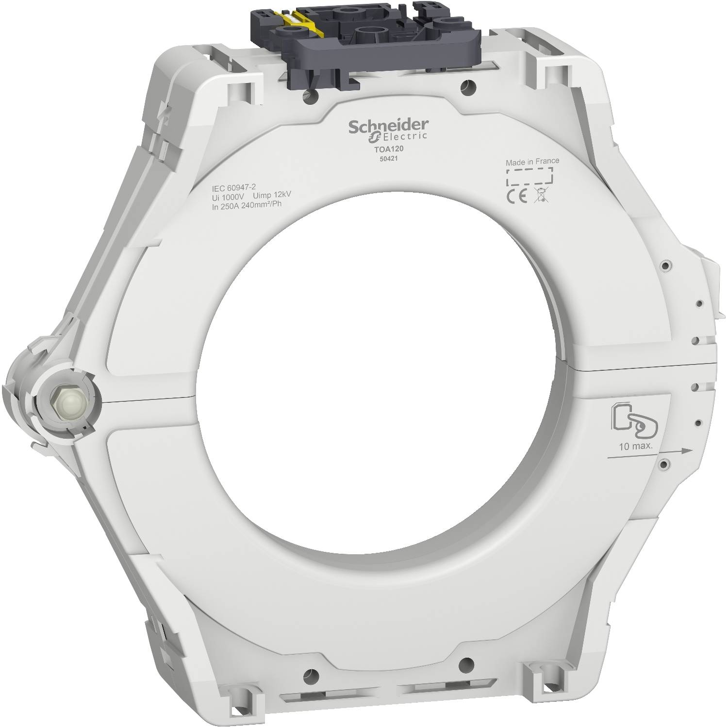 Een witte stroomtransformator van het merk Schneider Electric, model TACO24R1, voor het meten van elektrische stromen in industriële toepassingen.
