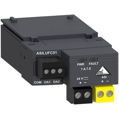 Elektronische module met opschrift 'ASILUFC51', meerdere aansluitklemmen en indicatoren voor stroomvoorziening en fouten.