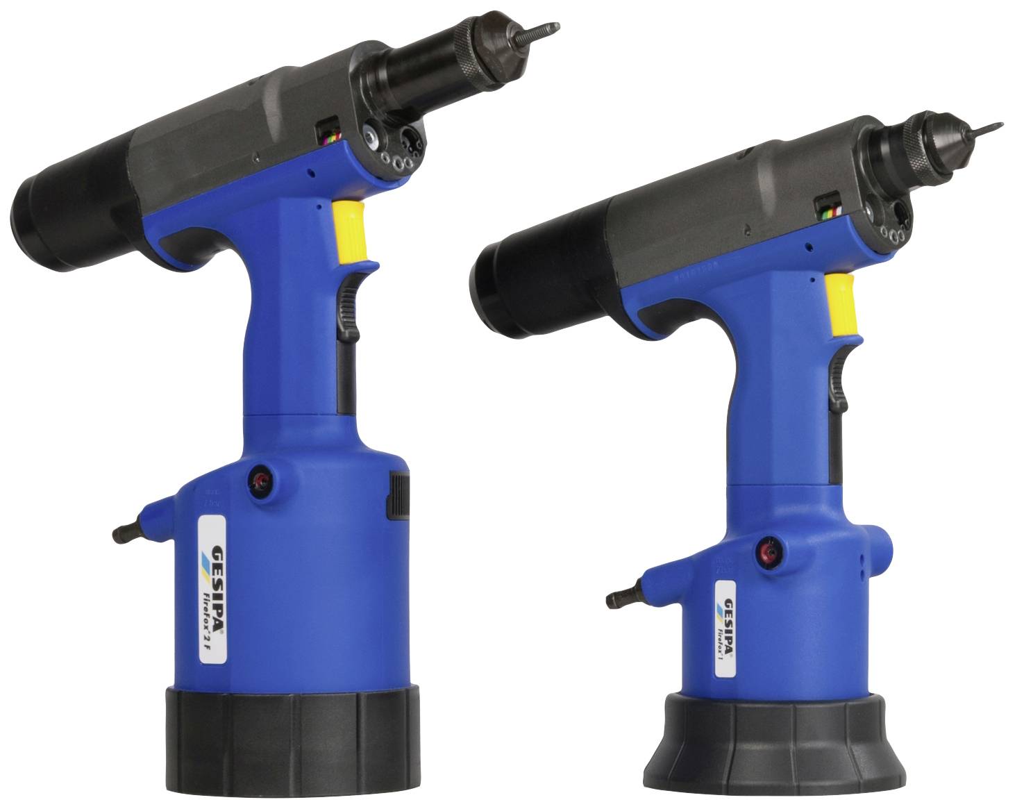 Twee blauwe elektrische gereedschappen voor professioneel gebruik, met zwarte handgrepen en gele accenten, geschikt voor verschillende bevestigingswerkzaamheden.