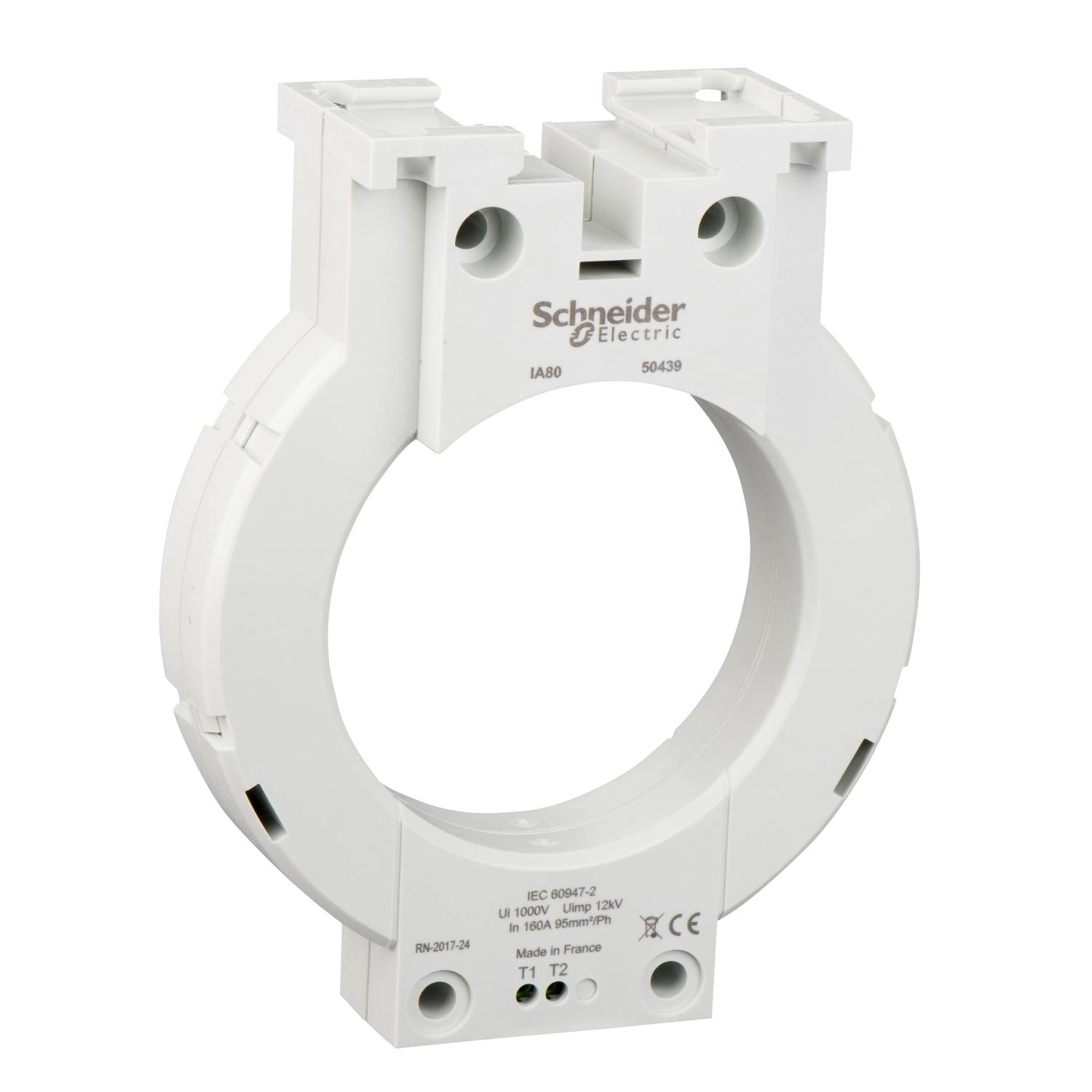 Witte elektrische transformator van Schneider Electric, rond ontwerp, met productinformatie gedrukt.