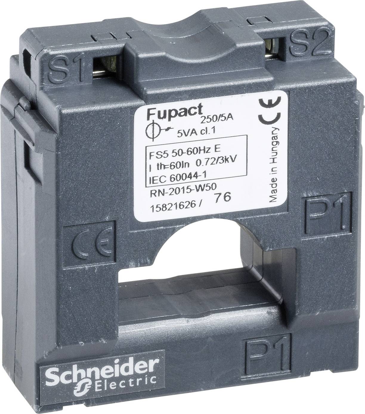 Stroomtransformator van Schneider Electric, model Fupact, 250/5A, voor elektrische toepassingen. Zwart, rechthoekig apparaat met aansluitklemmen.