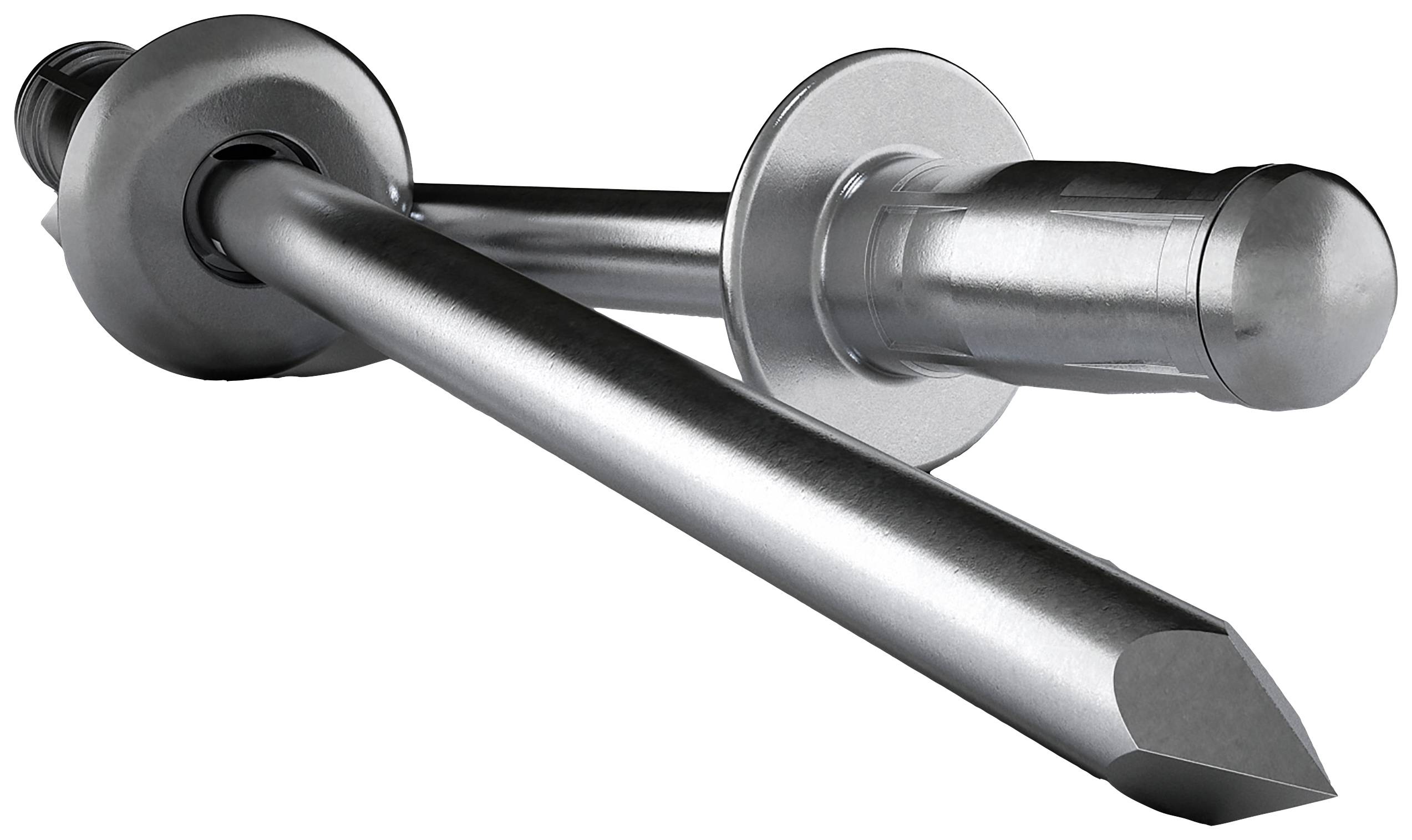Twee grote metalen pluggen met platte koppen en scherpe punten, boven elkaar gelegd, tegen een witte achtergrond.