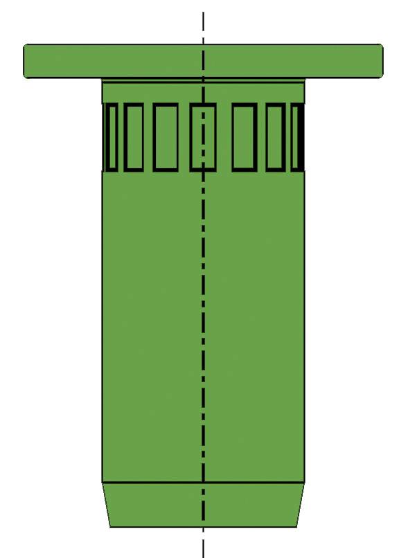Groene cilindevorm met een verdiepte bovenrand en verticale gleuven in het midden, symmetrisch langs de verticale as.