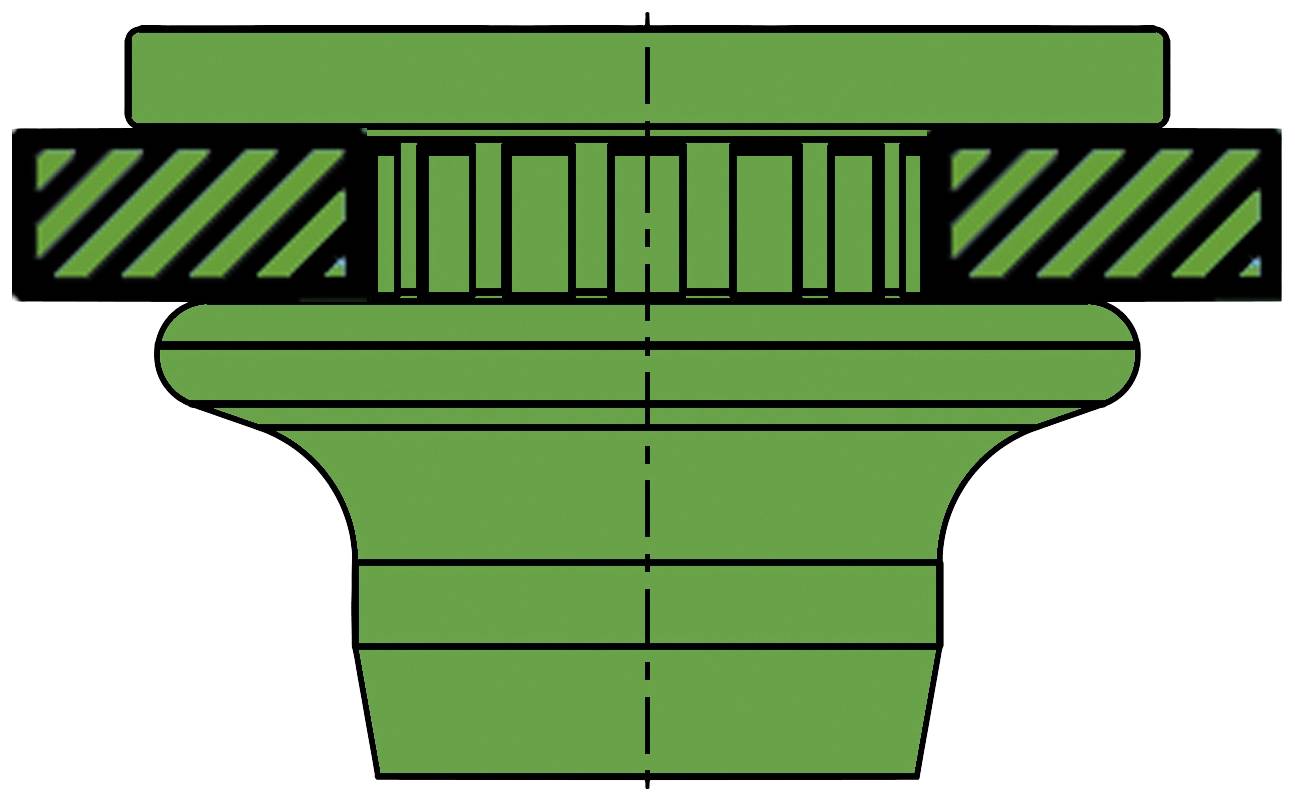 Technische tekening van een groen radiaal-naaldlager met een doorsnede van de lagerbehuizing en de daarin aanwezige naalden.