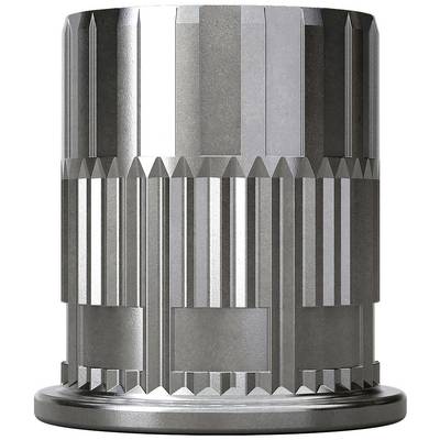 Een cilindrisch, zilver, gegroefde metalen object met verticale en diagonale groeven, staand op een ronde sokkel.