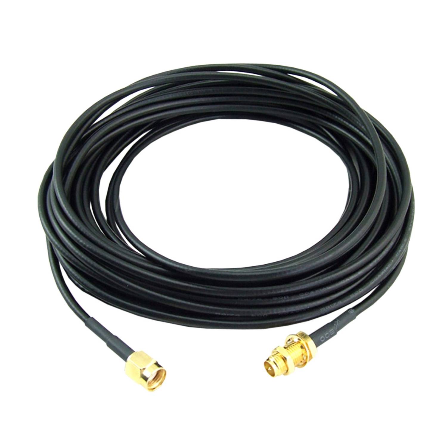 Zwart coaxkabel met goudkleurige connectoren, opgerold tot een cirkel. Gebruikt voor signaaloverdracht in elektronische apparaten.