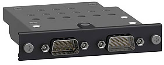 Twee VGA-aansluitingen op een zwarte metalen plaat, die kunnen worden gebruikt voor het aansluiten van video-uitvoerapparatuur.