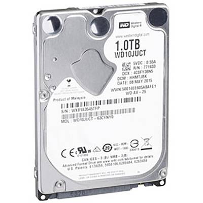Een interne harde schijf van Western Digital met een capaciteit van 1 terabyte. Modelnummer 'WD10JUCT'.