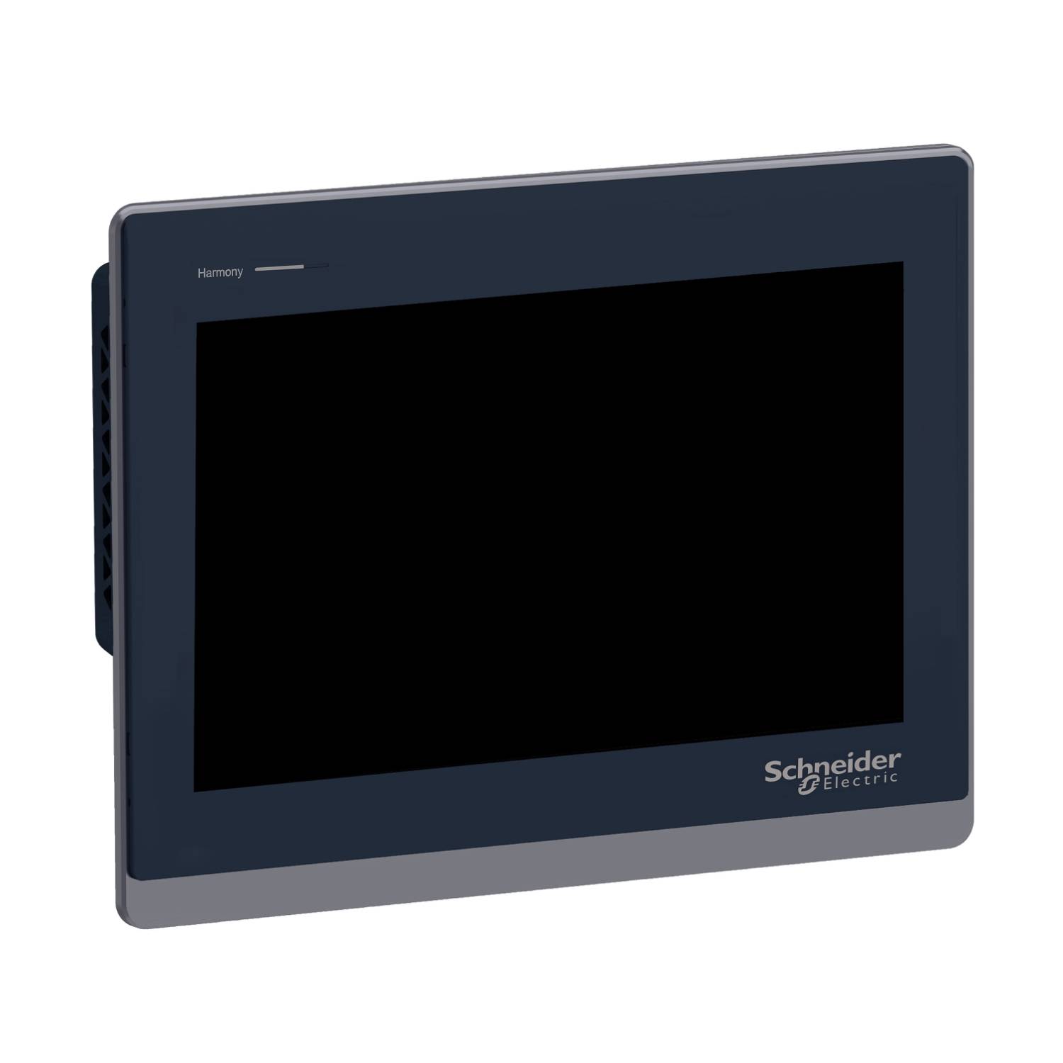 Een zwart-grijs Harmony-bedieningsapparaat van Schneider Electric met touchscreen, rechthoekig van vorm, voor het besturen van machines.