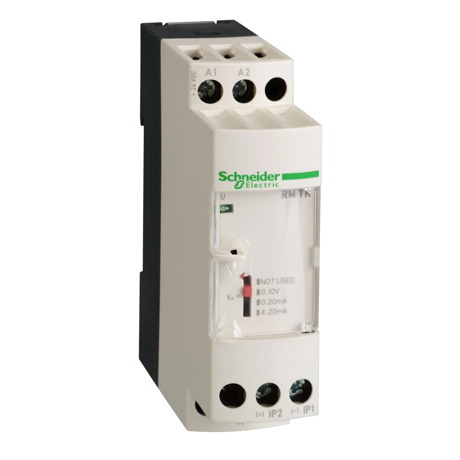 Schakelaar van Schneider Electric, model RM17TG20, wit, met groen logo en twee aansluitingen bovenaan, geschikt voor elektrische besturingen.