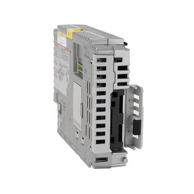 Een grijs, rechthoekig elektronisch apparaat met ventilatiesleuven en aansluitingen, waarschijnlijk een besturingsmodule.