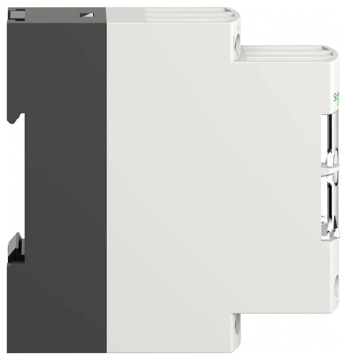 Vergroting van een witte en donkergrijs elektrische stroomonderbreker of modulair schakelaarbestanddeel, getoond geïsoleerd op een effen achtergrond.