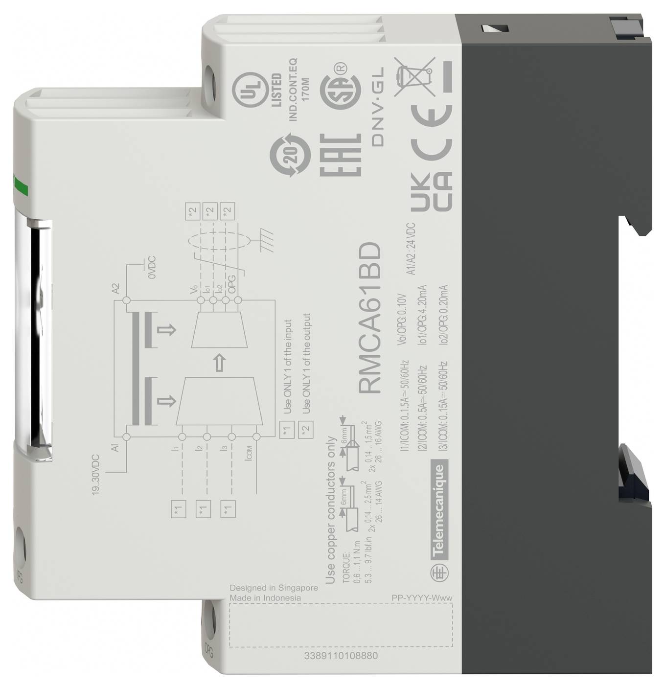 Zijzicht van een Telemecanique RMCA61BD relaismodule met gedrukt bedrading diagram en technische markeringen op een witte behuizing.