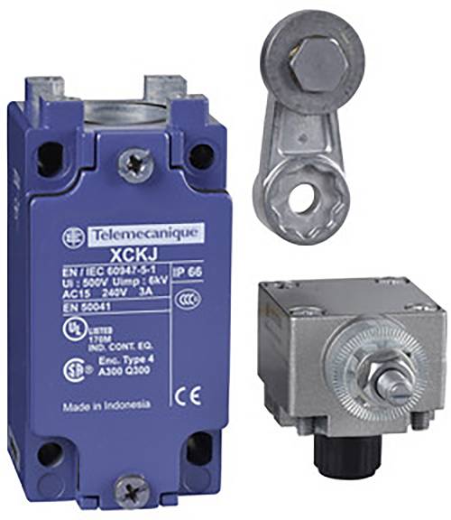 Schakelcomponent met blauwe behuizingsaanduiding, gemonteerde onderdelen boven en rechts. Belangrijk voor industriële besturingstoepassingen.