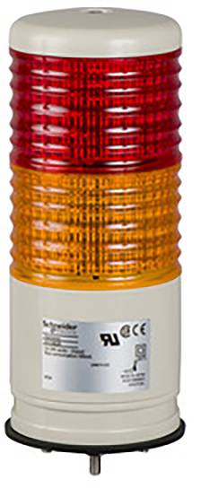 Een meerkleurige signaallichtmast met rode en oranje lampen, voor industriële waarschuwings- of signaleringsdoeleinden.