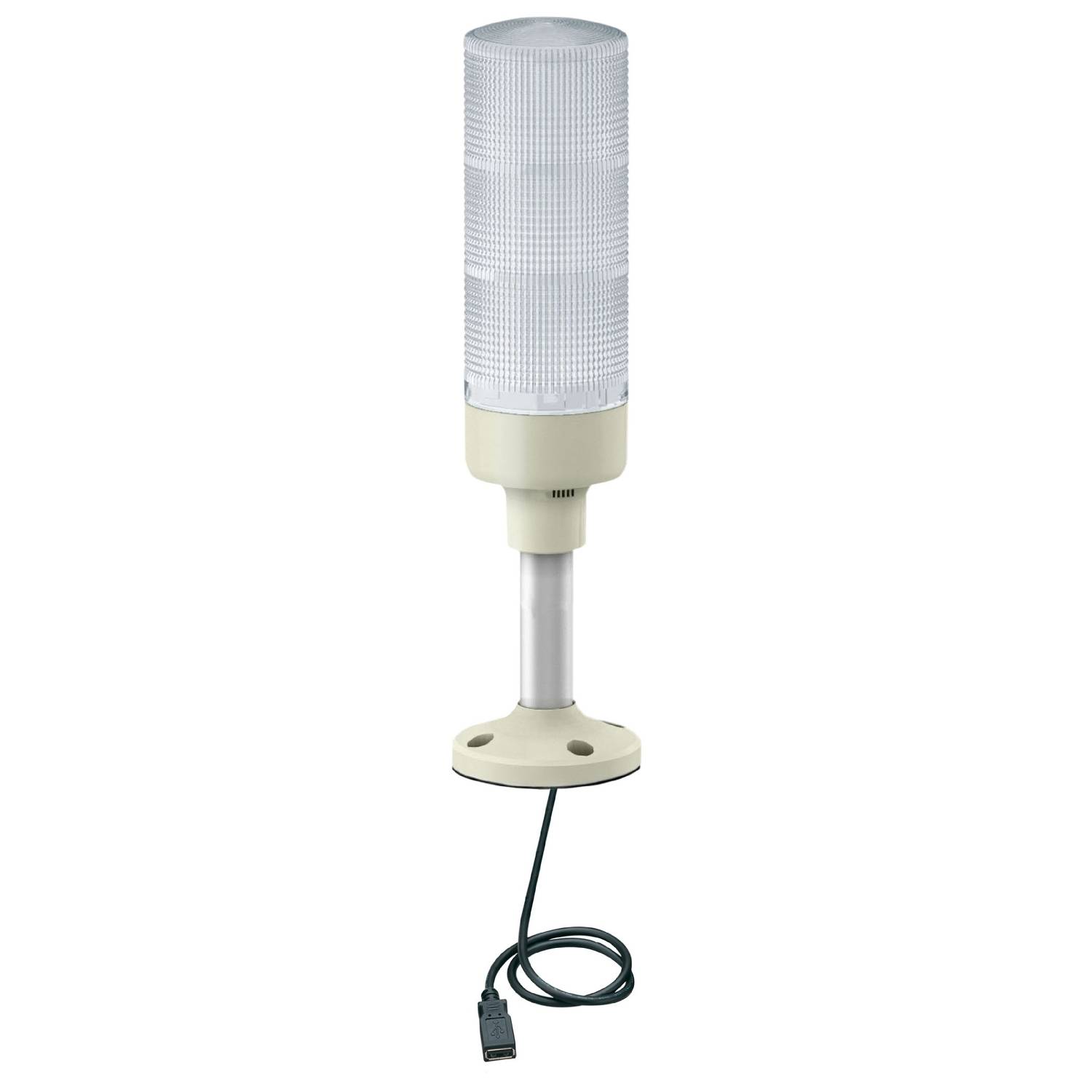 Een cilindrische, transparante lamp met een witte voet, bevestigd op een korte standaard. Een kabel loopt van de voet weg.