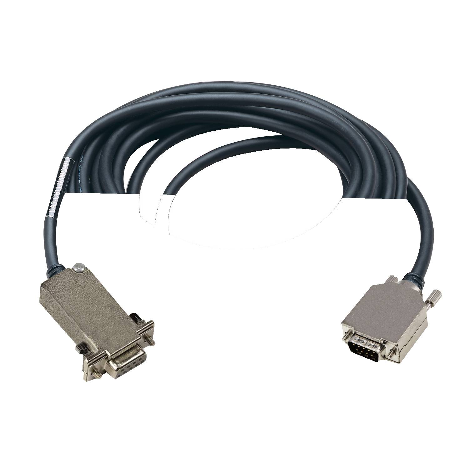 Een grijze kabel met twee aansluitingen aan de uiteinden. Links een grotere stekker; rechts een kleinere met negen pinnen.