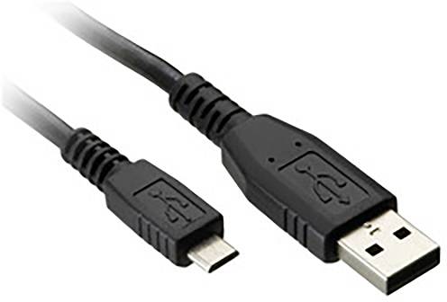 'USB-naar-Micro-USB-kabel.' Een zwarte kabel met een USB-stekker aan het ene uiteinde en een Micro-USB-stekker aan het andere uiteinde.